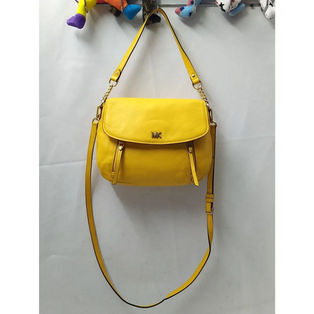 Michael Kors Evie Sunflower Yellow Leather Flap Closure Crossbody Shoulder Bag